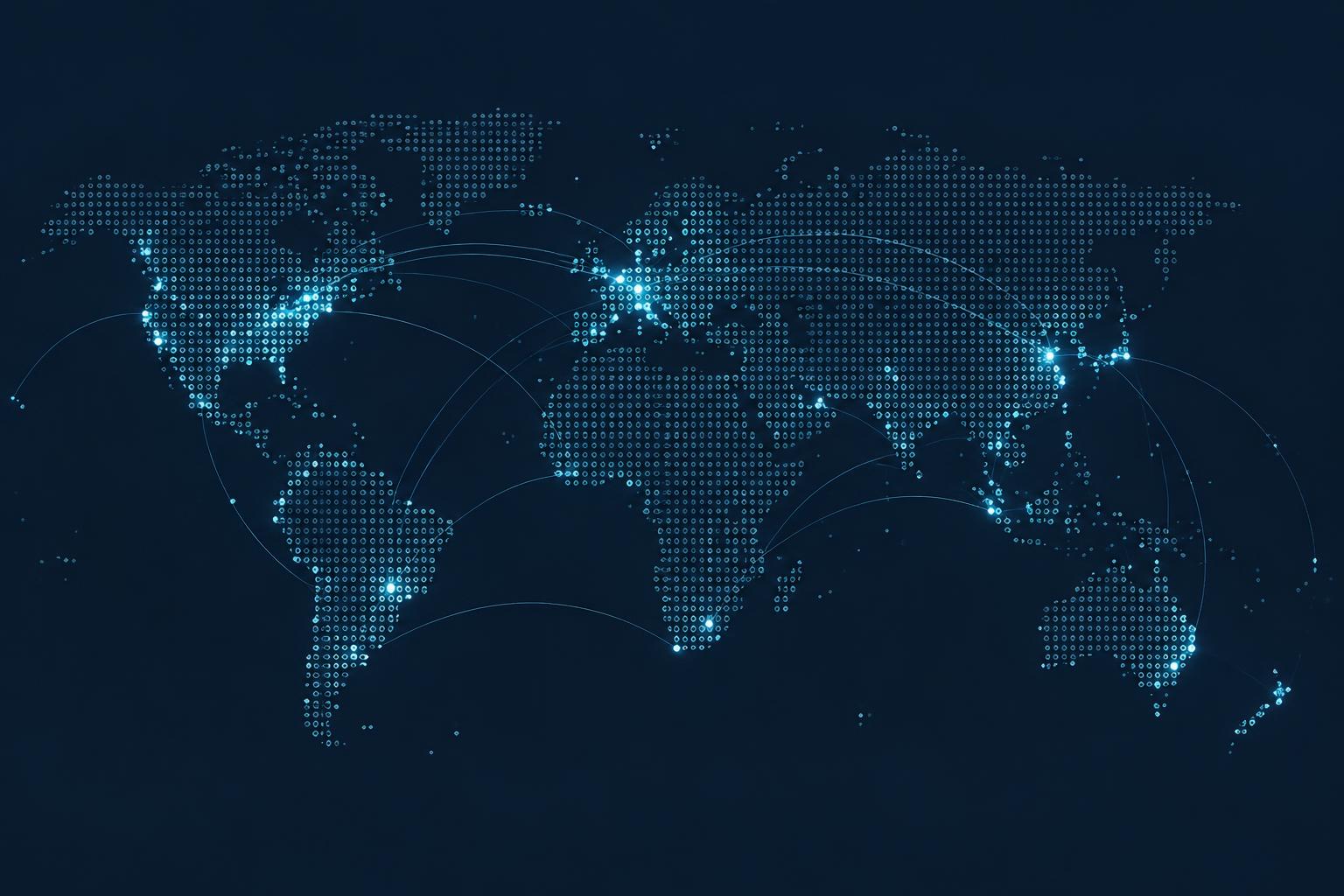 Abstract world map showing network performance clusters and interconnection arcs